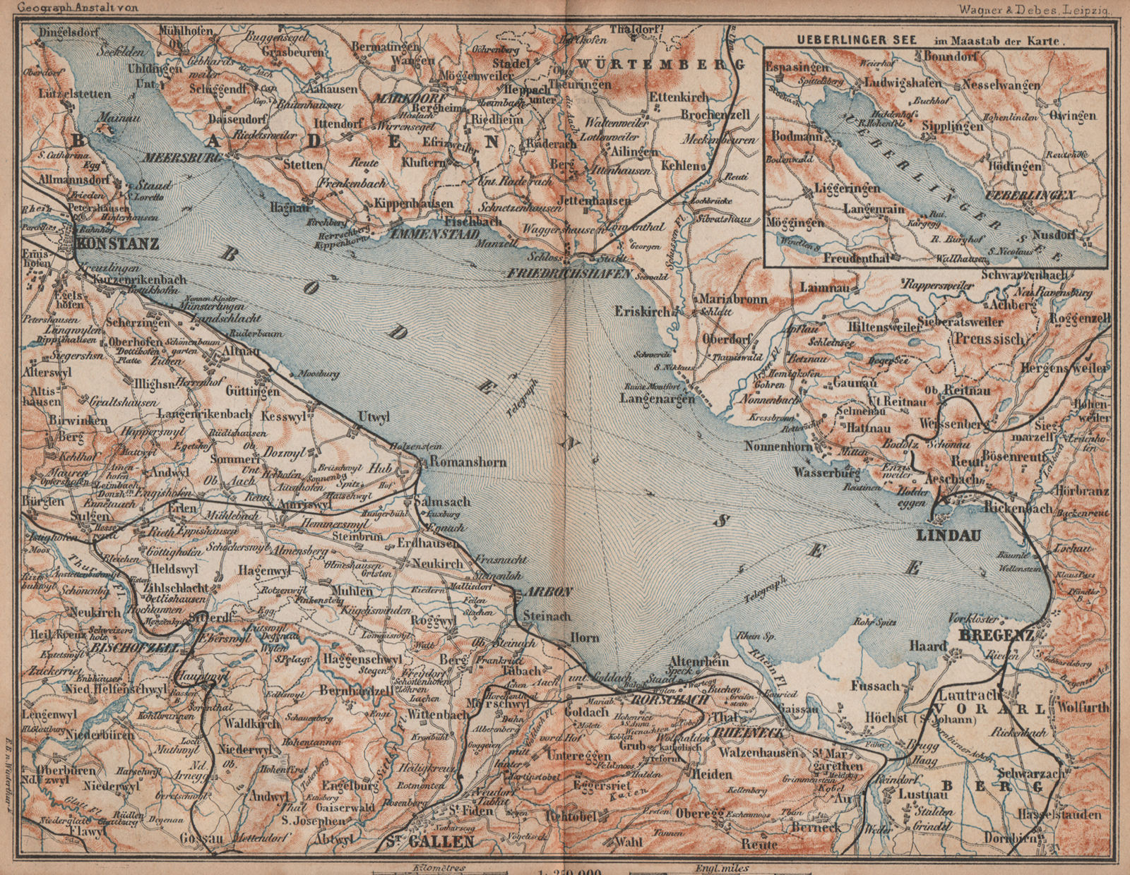 LAKE CONSTANCE inset LINDAU. Konstanz St Gallen Bregenz. Topo-map 1893 old